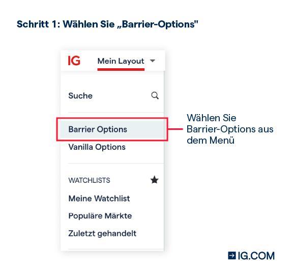 Barrier Optioen auswählen in der IG App