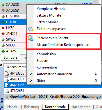 Trade-Berichte speichern MetaTrader IG