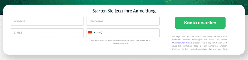 Eightcap Kontoeröffnung