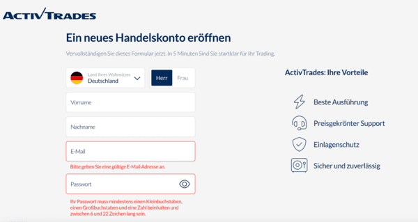 ActivTrades Kontoeröffnung