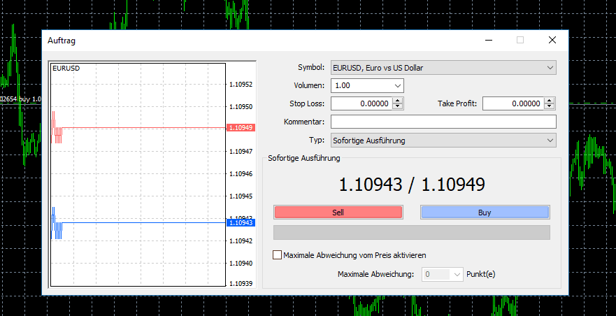 Eine Position über das Orderfenster eröffnen MetaTrader IG