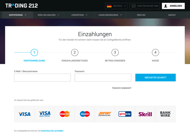 Einzahlungen und Auszahlungen bei Tradding 212