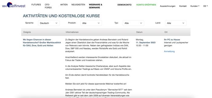 Webinare und Seminare bei WH Selfinvest