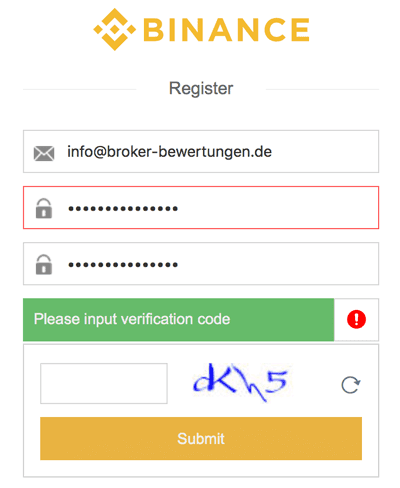 Anmeldung bei Binance
