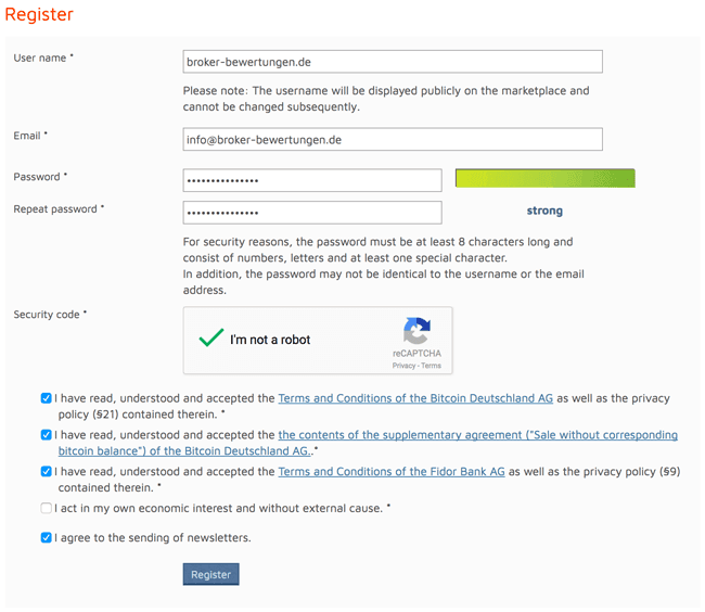 Anmeldung bei Bitcoin.de
