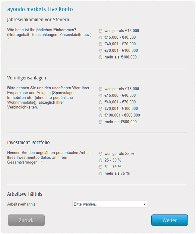 ayondo Vermögenswerte Angaben