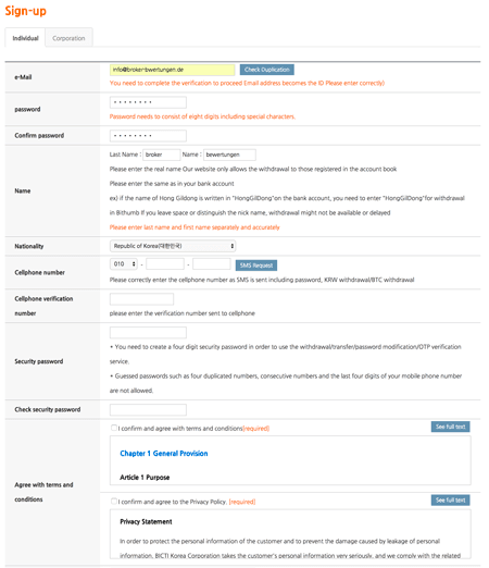 Anmeldung bei Bithumb