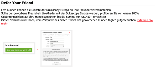 Dukascopy Bonus durch Freundschaftwerbung