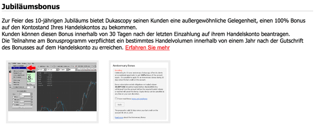 Dukascopy Jubiläumsbonus