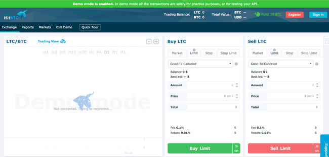 Trading im Demo Konto bei HitBTC