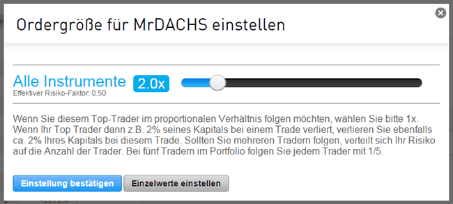 Ordergröße und Hebel des Traders einstellen