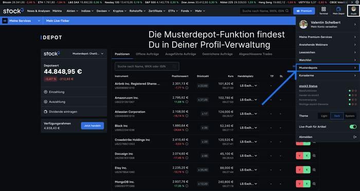 Musterdepot und realer Handel über stock3