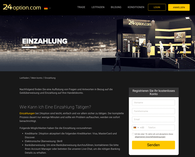 Methoden für Einzahkungen und Auszahlungen bei 24option