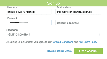 Anmeldung bei Bitfinex