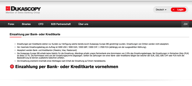 Dukascopy Einzahlungen und Auszahlungen