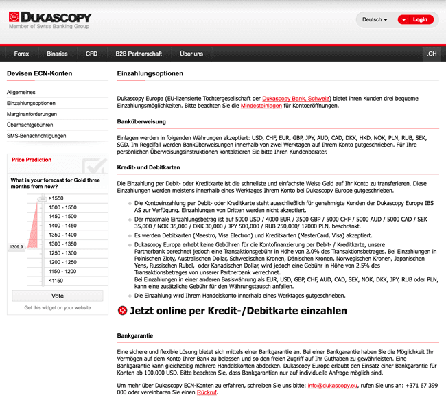 Dukascopy Einzahlungs- und Auszahlungsmethoden